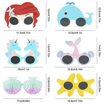 Ocean Line Mermaid Party Supplies Glasses - 6 Pairs Birthday Sunglasses for Girls, Under the Sea Gifts, Funny Summer Kids Party Favors, Beach Themed Decoration