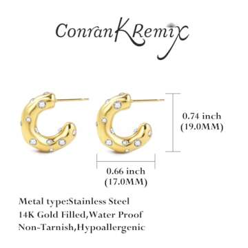 CONRAN KREMIX Small Thick Gold Chunky Hoop Earrings Diamond Lightweight Hoops For Women