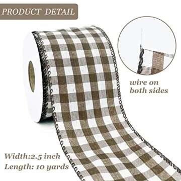 Leecogo Brown White Buffalo Check Plaid Wired Ribbon,2 1/2”x10 Yard, Farmhouse Gingham Ribbon for ...