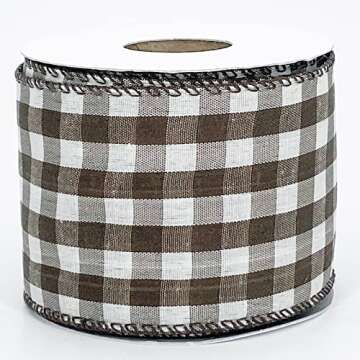 Leecogo Brown White Buffalo Check Plaid Wired Ribbon,2 1/2”x10 Yard, Farmhouse Gingham Ribbon for Easter, Christmas, Wreath, Spring, Summer, Wedding, Baby Shower, Birthday.