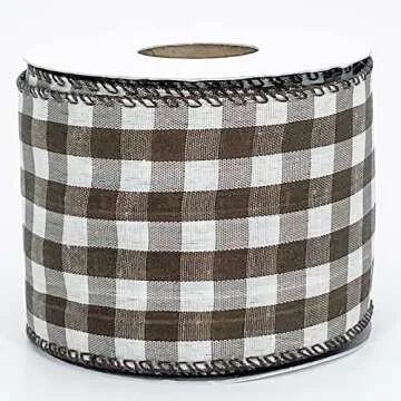 Leecogo Brown White Check Wired Ribbon for Crafts 2.5x10 Yards