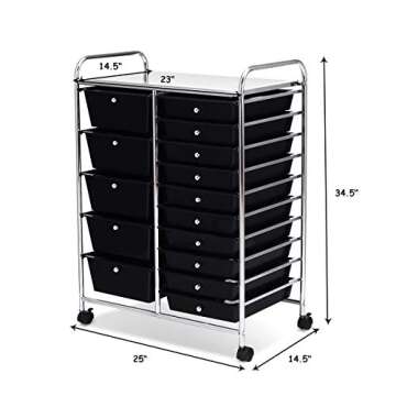 Giantex 15 Drawer Rolling Storage Cart Tools Scrapbook Paper Office School Organizer, Black