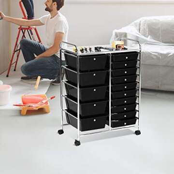 Giantex 15 Drawer Rolling Storage Cart Tools Scrapbook Paper Office School Organizer, Black