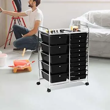 Giantex 15 Drawer Rolling Storage Cart Tools Scrapbook Paper Office School Organizer, Black