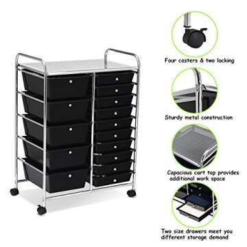 Giantex 15 Drawer Rolling Storage Cart Tools Scrapbook Paper Office School Organizer, Black