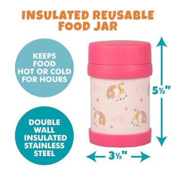 Bentology Stainless Steel Insulated Lunch 13 oz Thermos for Kids – Large Leak-Proof Storage Jar Container for Hot & Cold Food, Soups, Liquids - BPA Free - Fits Most Lunch Boxes and Bags - Unicorn