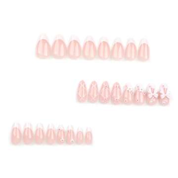 LPOODDNU Medium Almond Press on Nails White French Tips Pink Fake Nails with 3D Flower Bow Charms Ac...