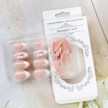LPOODDNU Medium Almond Press on Nails White French Tips Pink Fake Nails with 3D Flower Bow Charms Acrylic Nails Press ons Cute Design Glue on False Nails Reusable Stick on Nails 24pcs