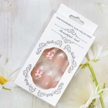 LPOODDNU Medium Almond Press on Nails White French Tips Pink Fake Nails with 3D Flower Bow Charms Acrylic Nails Press ons Cute Design Glue on False Nails Reusable Stick on Nails 24pcs