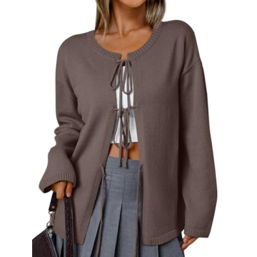 LILLUSORY Womens Cardigans Sweaters Tie Front Cropped Tops Lightweight Long Sleeve Jackets Fall Clot...