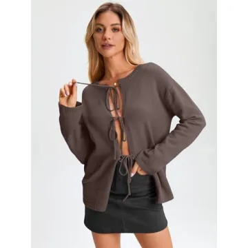 LILLUSORY Womens Cardigans Sweaters Tie Front Cropped Tops Lightweight Long Sleeve Jackets Fall Clothes Fashion Outfits 2025 Nutmeg M