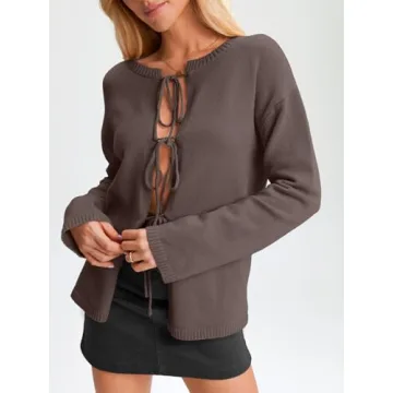 LILLUSORY Womens Cardigans Sweaters Tie Front Cropped Tops Lightweight Long Sleeve Jackets Fall Clothes Fashion Outfits 2025 Nutmeg M