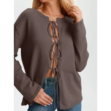 LILLUSORY Womens Cardigans Sweaters Tie Front Cropped Tops Lightweight Long Sleeve Jackets Fall Clothes Fashion Outfits 2025 Nutmeg M