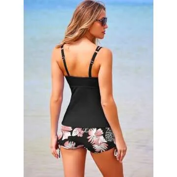 Aleumdr Womens Tankini Swimsuit Athletic 2 Piece Tummy Control Bathing Suit Modest Swim Tank Top with Shorts Flora Black Small