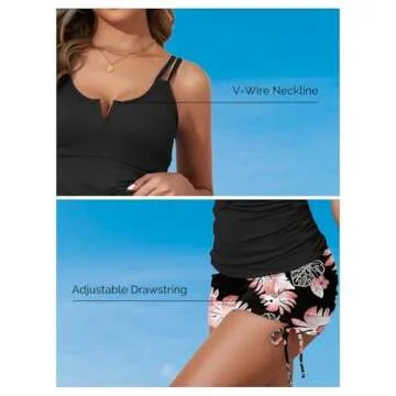 Aleumdr Womens Tankini Swimsuit Athletic 2 Piece Tummy Control Bathing Suit Modest Swim Tank Top with Shorts Flora Black Small
