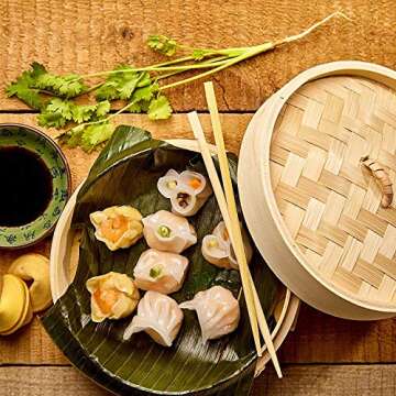 Handmade Steam Basket Bamboo Steamer 10 Inch, 2 Tiers Chinese Food Bamboo Steamers for Cooking, Stea...