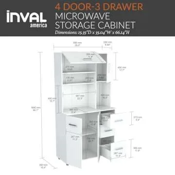 Inval, 71" H x 23.6" W x 17.1" D, White Kitchen Microwave Storage Cabinet with 3 Drawers, Kitchenette Standing Pantry