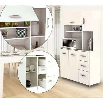Inval, 71" H x 23.6" W x 17.1" D, White Kitchen Microwave Storage Cabinet with 3 Drawers, Kitchenette Standing Pantry