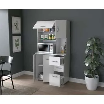 Inval, 71" H x 23.6" W x 17.1" D, White Kitchen Microwave Storage Cabinet with 3 Drawers, Kitchenette Standing Pantry