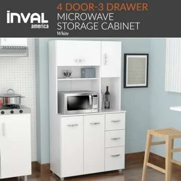 Inval, 71" H x 23.6" W x 17.1" D, White Kitchen Microwave Storage Cabinet with 3 Drawers, Kitchenette Standing Pantry