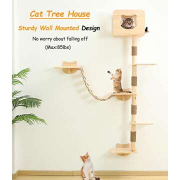 Cat Tree House with Hammock Wall Mount Cat Shelf Climbing Tall Activity Tower Solid Wood Indoor Cat ...