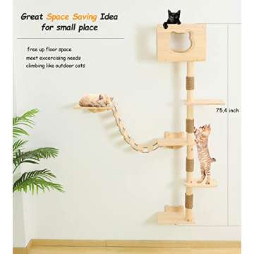 Cat Tree House with Hammock Wall Mount Cat Shelf Climbing Tall Activity Tower Solid Wood Indoor Cat Wall Furniture 75 Inch
