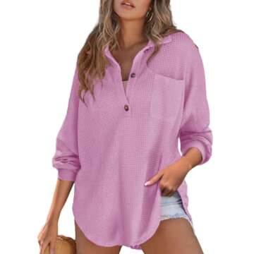 Astylish Women Oversized Waffle Shirts V Neck Lightweight Long Sleeve Loose Blouses Button Pullover Phalaenopsis Large