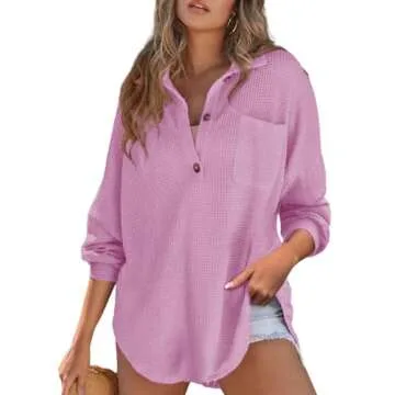 Astylish Women Oversized Waffle Shirts V Neck Lightweight Long Sleeve Loose Blouses Button Pullover Phalaenopsis Large