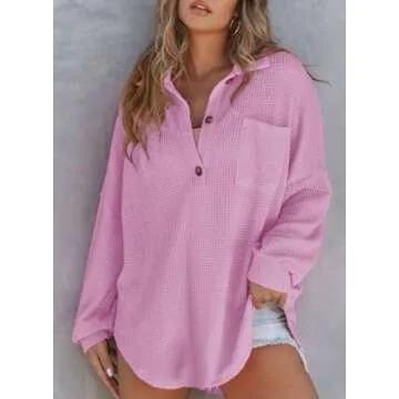 Astylish Women Oversized Waffle Shirts V Neck Lightweight Long Sleeve Loose Blouses Button Pullover Phalaenopsis Large