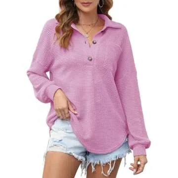 Astylish Women Oversized Waffle Shirts V Neck Lightweight Long Sleeve Loose Blouses Button Pullover Phalaenopsis Large