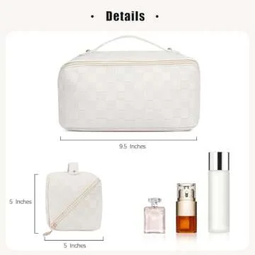 Ineowelly Makeup Bag,Large Capacity Travel Cosmetic Bag with Portable Handle, Multifunctional Makeup Organizer Leather Makeup Organizer Bag Toiletry Bag for Women Girls(Plaid-White)