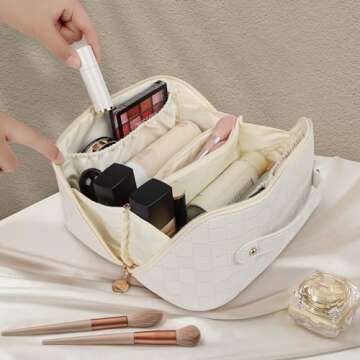 Ineowelly Makeup Bag,Large Capacity Travel Cosmetic Bag with Portable Handle, Multifunctional Makeup Organizer Leather Makeup Organizer Bag Toiletry Bag for Women Girls(Plaid-White)