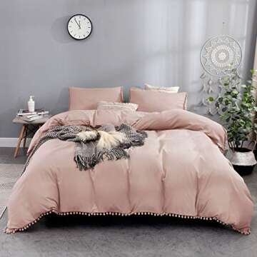 Bowavat Pom Pom Fringe Duvet Cover Set in Pink Mocha