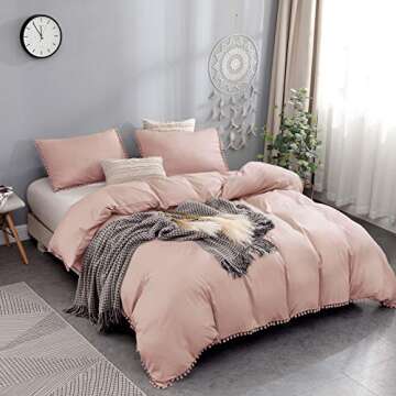 Bowavat Pom Pom Fringe Duvet Cover Set in Pink Mocha
