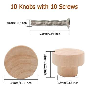 Bmgop 10PCS Wood Knobs Flat Top Round Cabinet Knobs 1.39"(35mm) Unfinished Wooden Dresser Drawer Pul...
