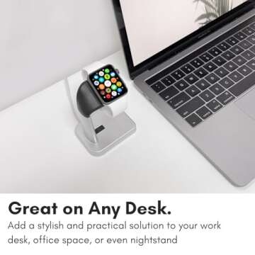 Macally Apple Watch Stand for Series Ultra 10 9 8 7 6 5 4 3 2 1 SE (49mm 45mm 44mm 42mm 41mm 40mm 38mm) - Apple Watch Charger Stand Dock Holder - Sleek Desk iWatch Charging Station - Silver