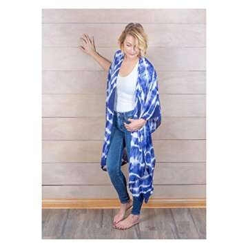 Flowing Tie-Dyed Kimono Blue and White One Size Fits Most Polyester Blend Shawl