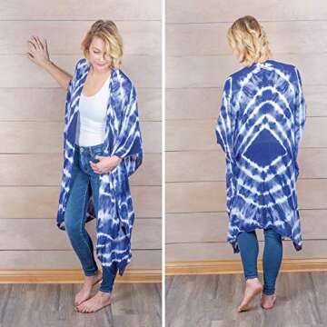 Flowing Tie-Dyed Kimono Blue and White One Size Fits Most Polyester Blend Shawl