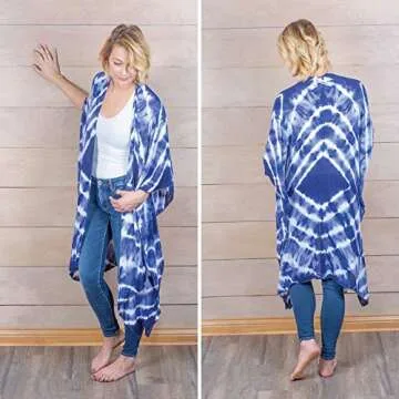 Flowing Tie-Dyed Kimono Blue and White One Size Fits Most Polyester Blend Shawl