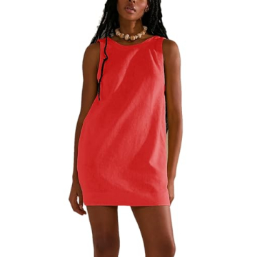 Megfie Womens Summer Crew Neck Sleeveless Open Back Dress Casual Beach Sunshine Cotton Linen Mini Dr...