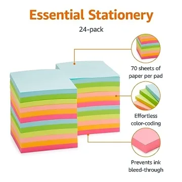 Amazon Basics 3x3 Sticky Notes Assorted Colors 24-Pack