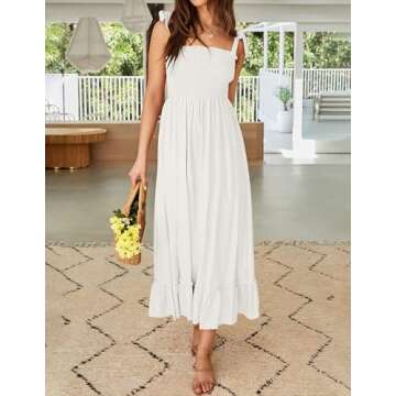 ZESICA Women's 2024 Summer Boho Spaghetti Strap Square Neck Solid Color Ruffle A Line Beach Long Maxi Dress,White,Large