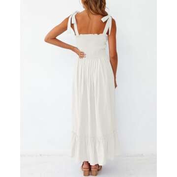 ZESICA Women's 2024 Summer Boho Spaghetti Strap Square Neck Solid Color Ruffle A Line Beach Long Maxi Dress,White,Large