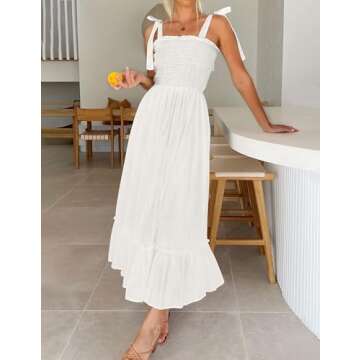 ZESICA Women's 2024 Summer Boho Spaghetti Strap Square Neck Solid Color Ruffle A Line Beach Long Maxi Dress,White,Large