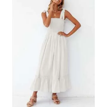 ZESICA Women's 2024 Summer Boho Spaghetti Strap Square Neck Solid Color Ruffle A Line Beach Long Maxi Dress,White,Large