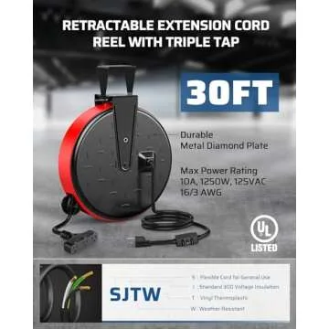 DEWENWILS 30 Ft Retractable Extension Cord Reel, Ceiling or Wall Mount 16/3 Gauge SJTW Power Cord with 3 Electrical Outlets Pigtail for Garage and Shop, 10 Amp Circuit Breaker, Metal Plate, UL Listed