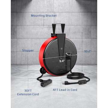 DEWENWILS 30 Ft Retractable Extension Cord Reel, Ceiling or Wall Mount 16/3 Gauge SJTW Power Cord with 3 Electrical Outlets Pigtail for Garage and Shop, 10 Amp Circuit Breaker, Metal Plate, UL Listed