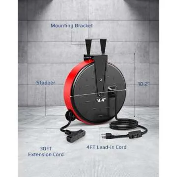 DEWENWILS 30 Ft Retractable Extension Cord Reel, Ceiling or Wall Mount 16/3 Gauge SJTW Power Cord with 3 Electrical Outlets Pigtail for Garage and Shop, 10 Amp Circuit Breaker, Metal Plate, UL Listed