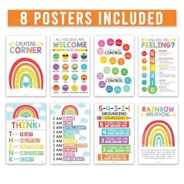 8 Calming Corner Posters For Classroom Must Haves For Teachers - 11x17" Calm Down Corner Supplies, Feelings Chart For Kids Ages 4-8, Toddler Emotions Chart, Rainbow Classroom Decor