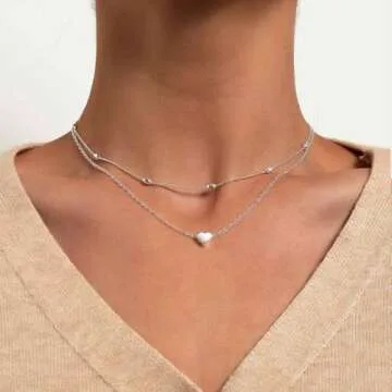 Tgirls Layered Heart Choker Necklace Silver Heart Pendant Necklaces Ball Collar Jewelry for Women